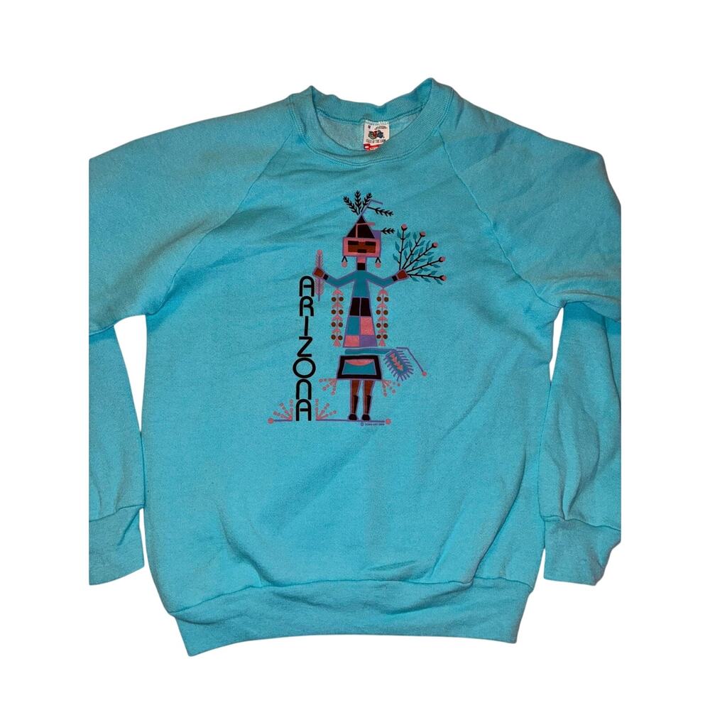Vintage 80s crewneck teal ARIZONA‎ art style indigenous size medium